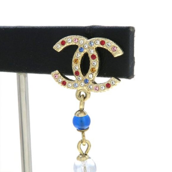 CHANEL CC Logos Multicolor Rhinestone Drop Stud Earrings Gold Tone - Picture 3 of 10